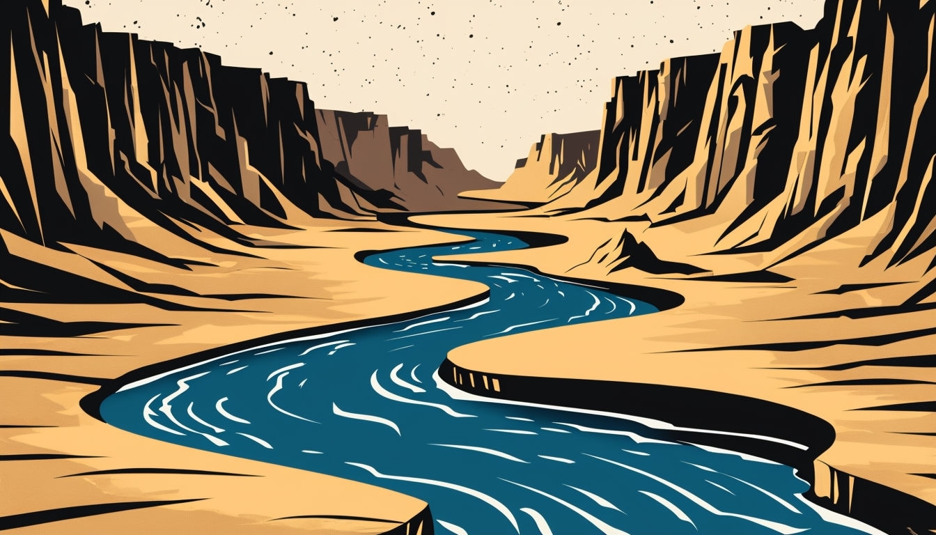 Vintage Comic Style Winding River in Canyon Illustration Background