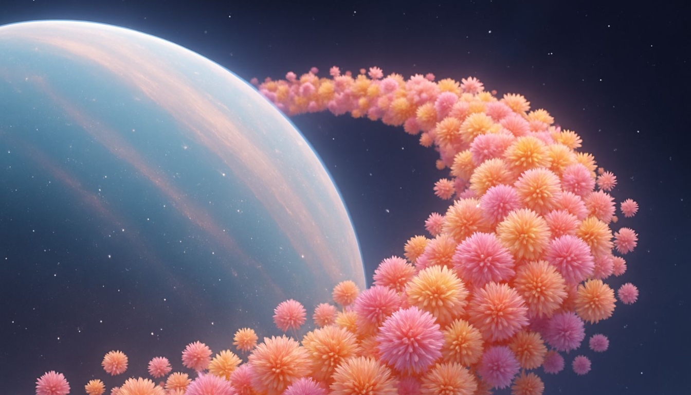 Surreal Cosmic Scene with Pale Blue Planet and Floating Flowers Virtual Background
