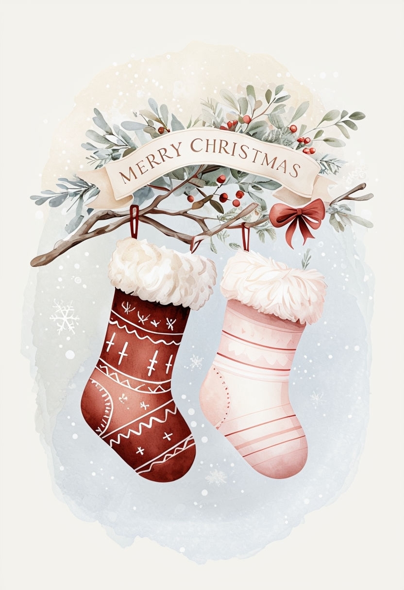 Charming Merry Christmas Stockings Holiday Illustration Card