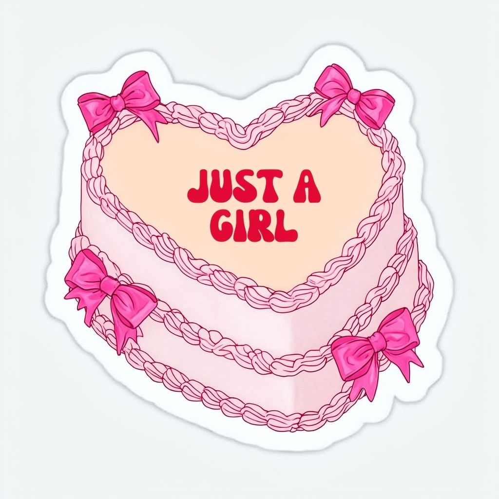 Whimsical Heart-Shaped Cake Sticker with 'Just a Girl' Text