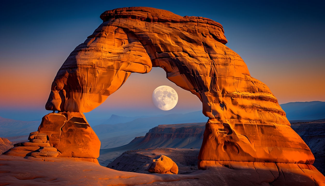 Majestic Desert Sunset with Natural Arch and Moon Virtual Background