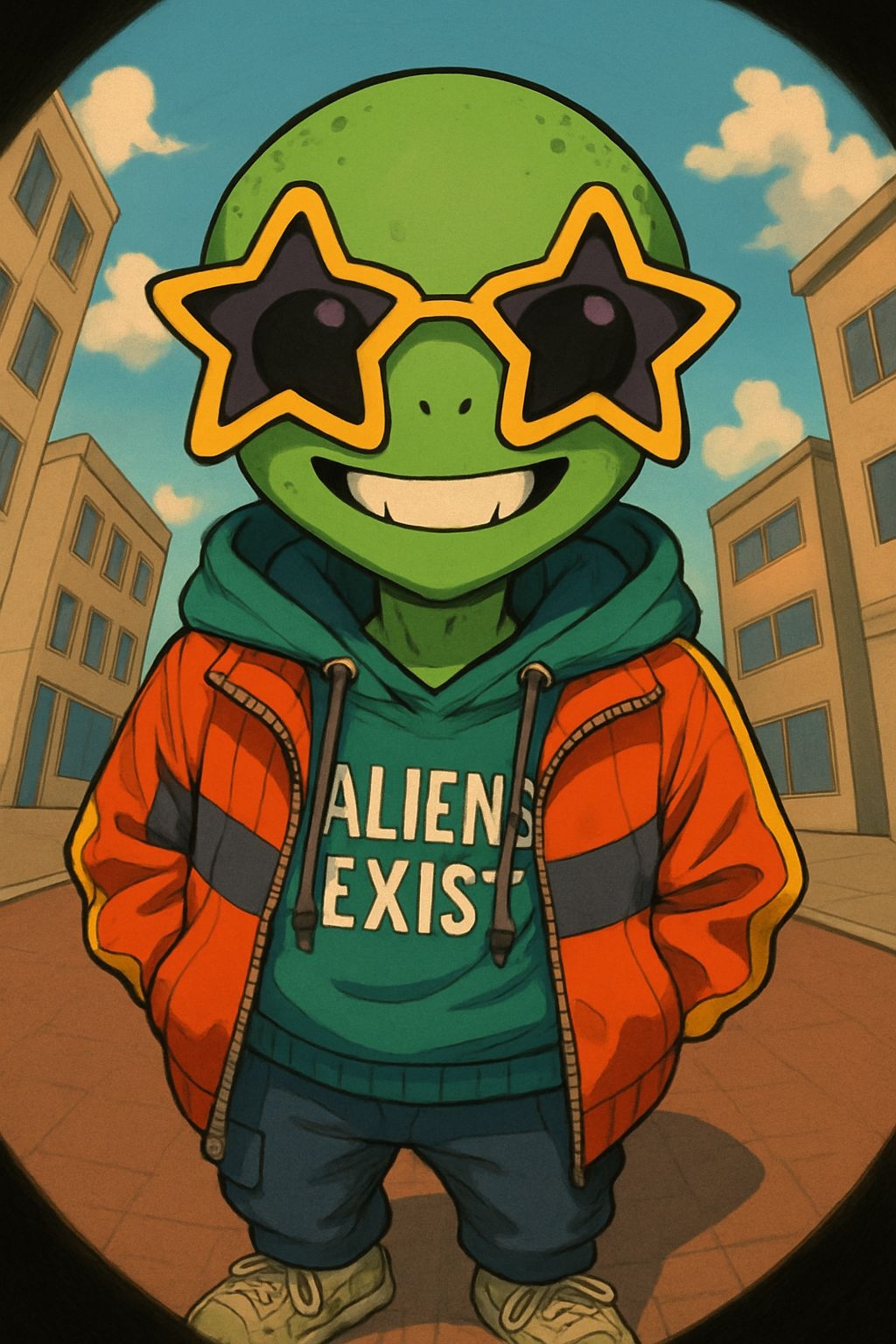 Cheerful Cartoon Alien with Star Sunglasses Urban Art
