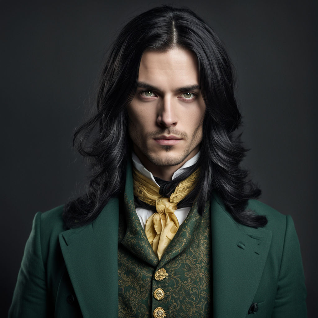 a handsome Egyptian man with with long black hair wearing a green kilt and  gold necklace tight blue shirt