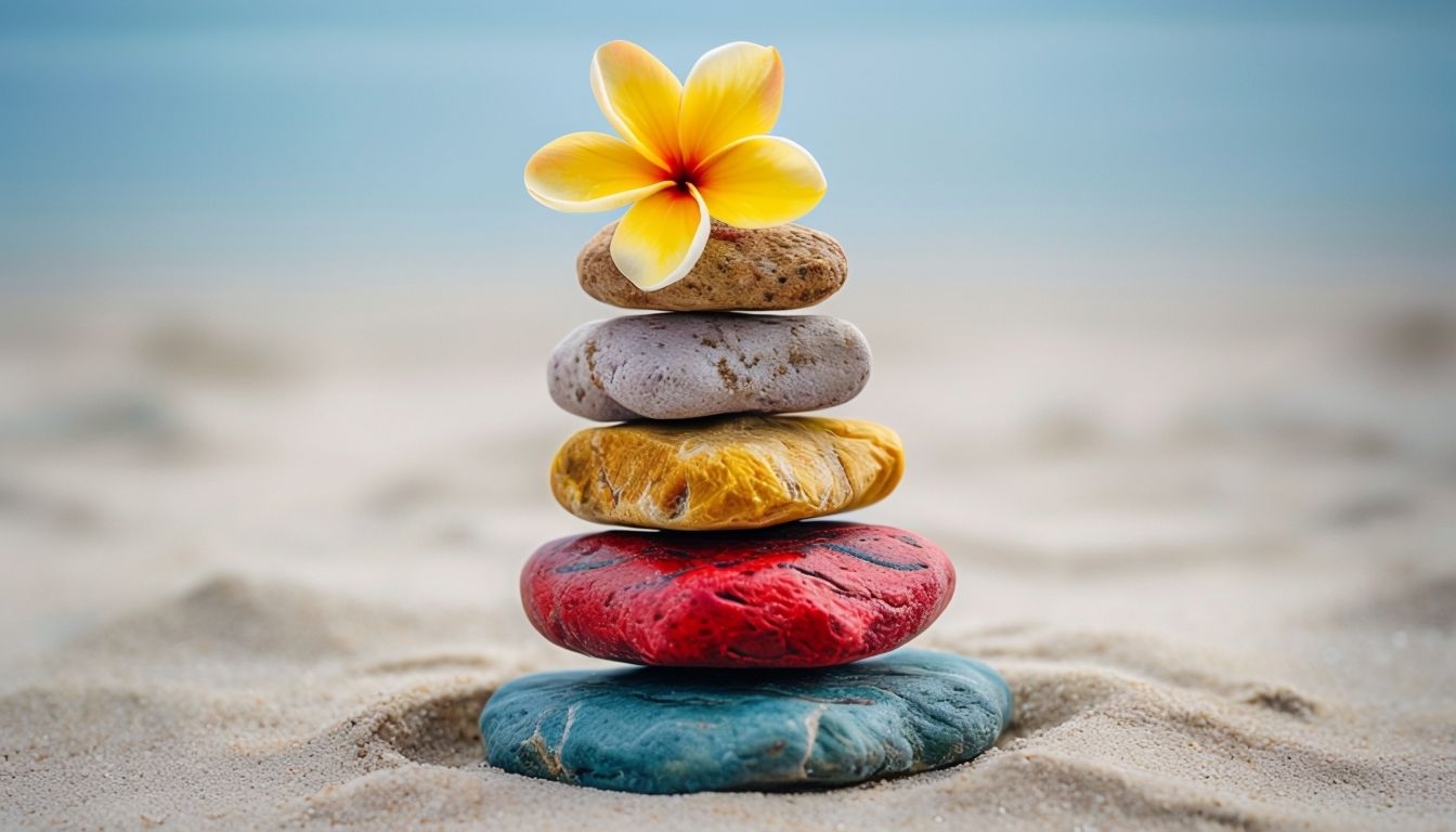 Tranquil Beach Stacked Stones with Plumeria Flower Background Virtual Backgrounds
