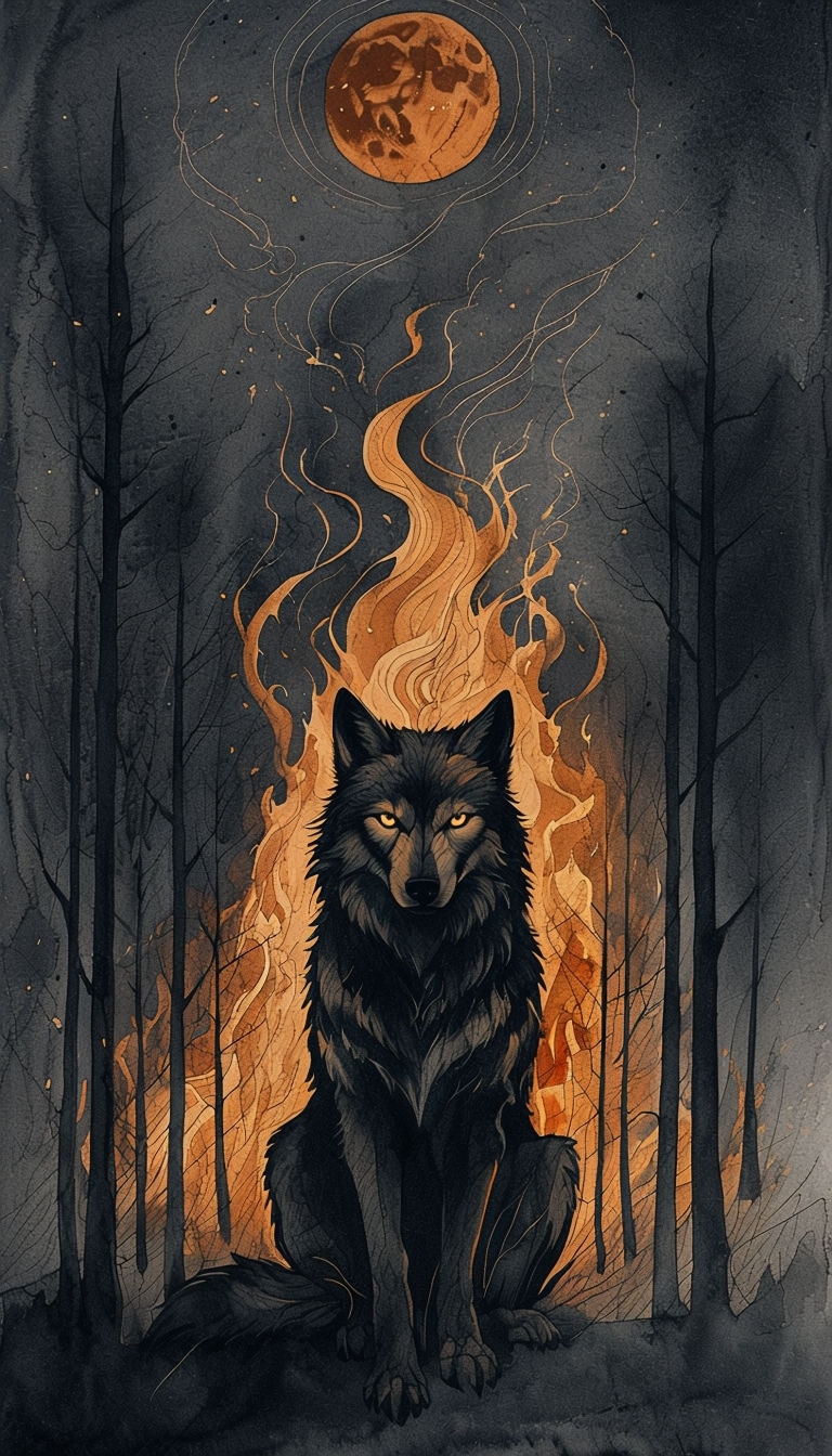 Mystical Wolf Creature Surrounded by Fiery Flames Mobile Wallpaper