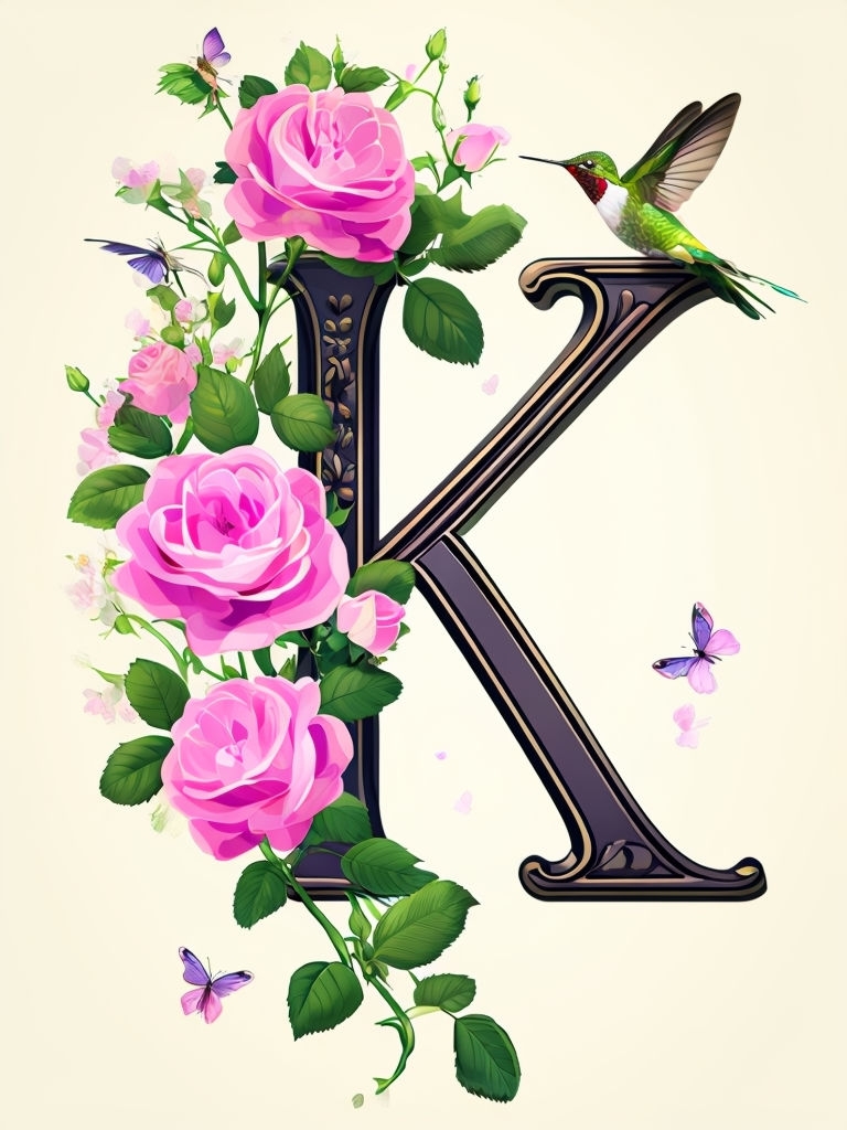 Victorian Script Letter K with Tea Roses and Butterflies Monogram