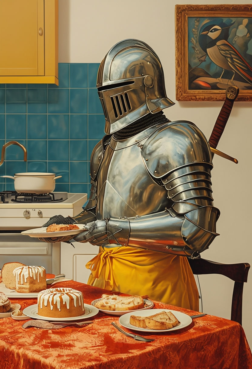 Whimsical Knight in Shiny Armor Baking in a Modern Kitchen Art