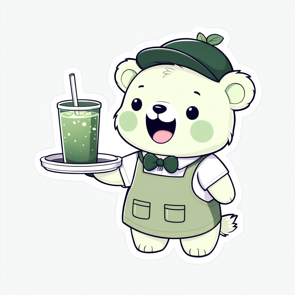 Cheerful Anime-Style Cartoon Bear with Drink Illustration Sticker