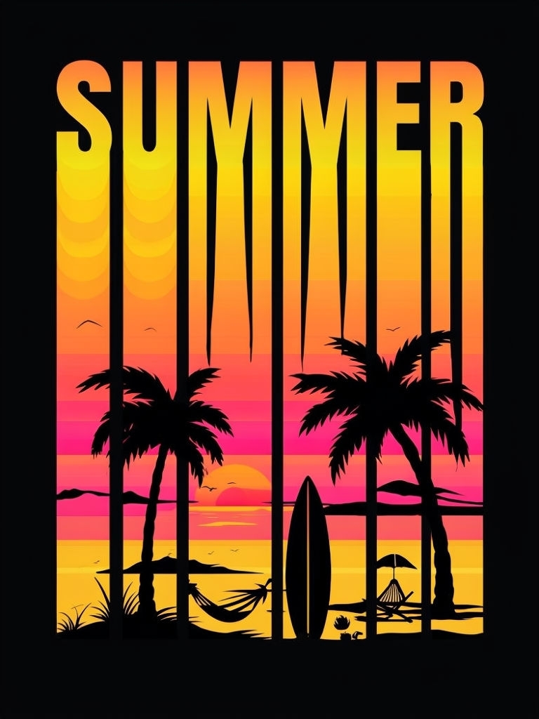 Vibrant Summer Sunset Beach Scene T-Shirt Design