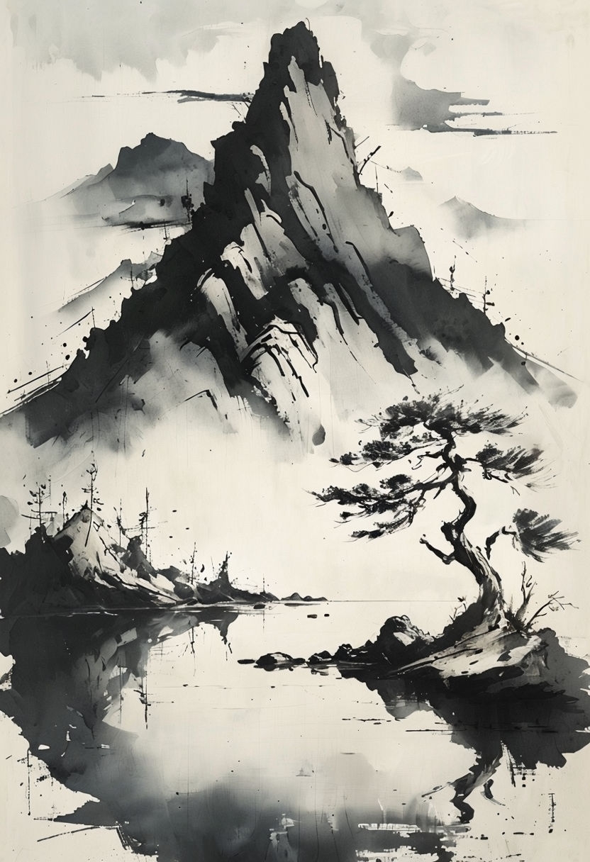 Tranquil Mountain Lake Japanese Ink Wash Art T-Shirt