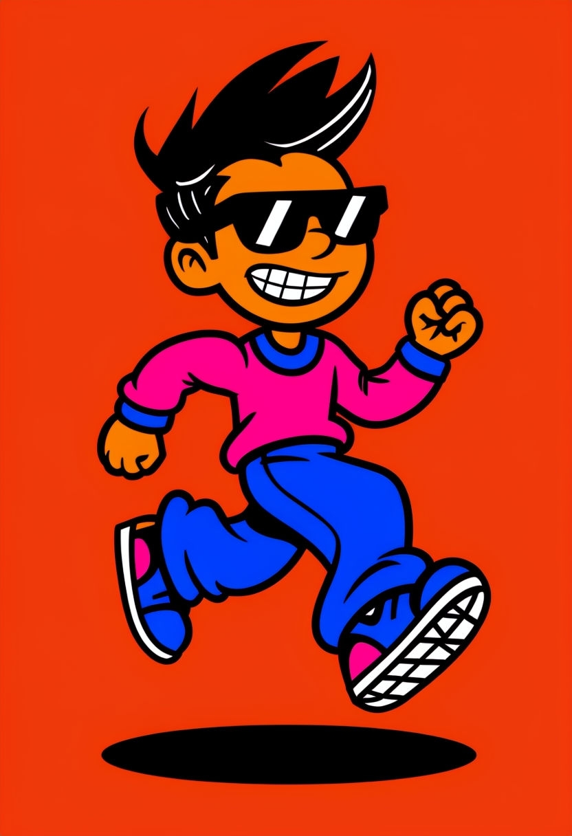 Cheerful Cartoon Character in Vibrant Motion Illustration Art