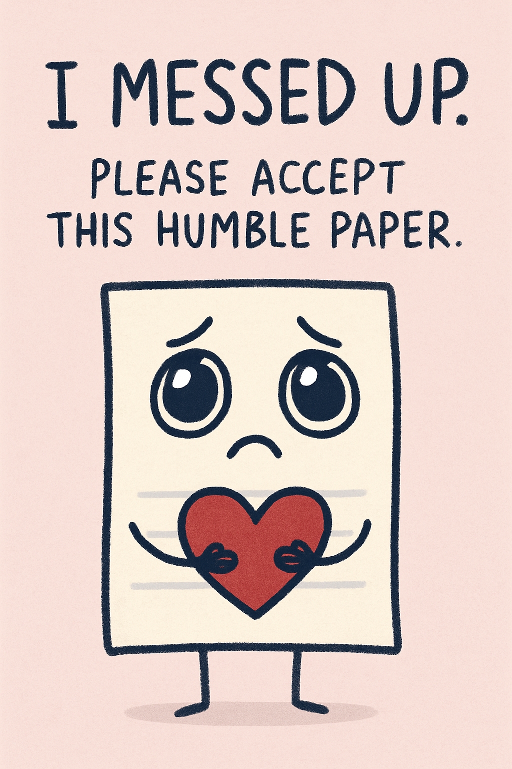Sorrowful Cartoon Paper Character with Heart Apology Card