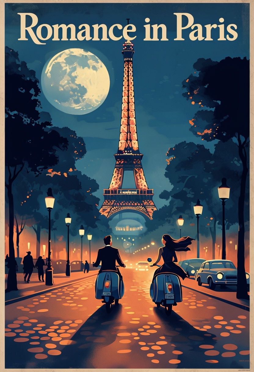 Romantic Paris Evening with Eiffel Tower Vintage Poster