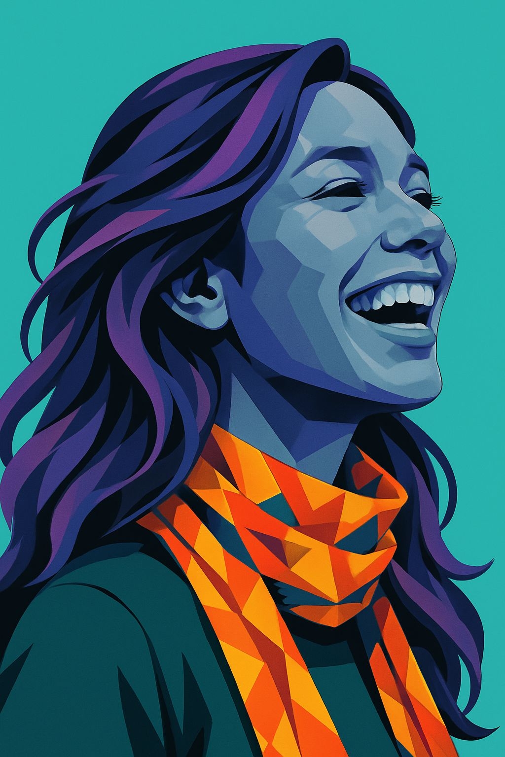 Joyful Woman Smiling in Geometric Style Digital Illustration Art