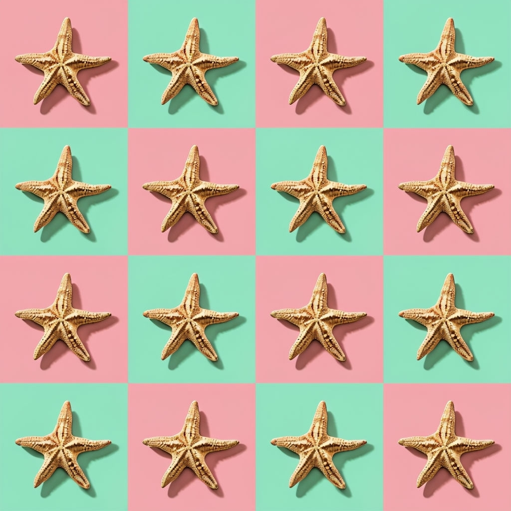 Sandy Brown Starfish Pattern on Mint Green and Pink Background Seamless Pattern