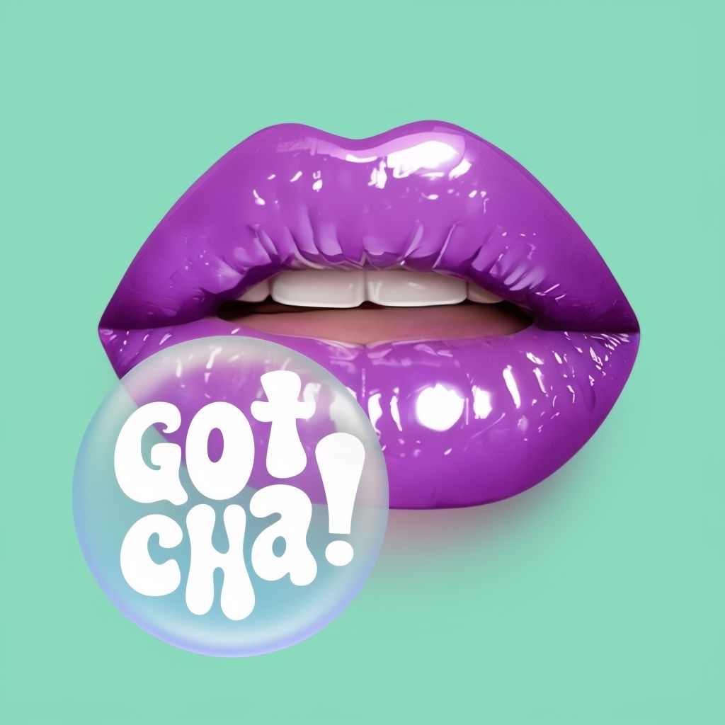 Vibrant Glossy Purple Lips with Playful Gotcha Text T-Shirt