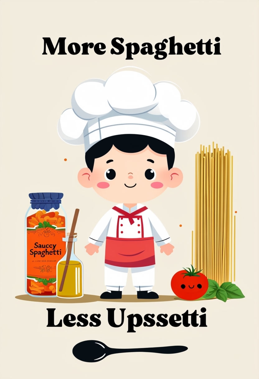 Cheerful Cartoon Chef Boy with Spaghetti and Playful Text Poster