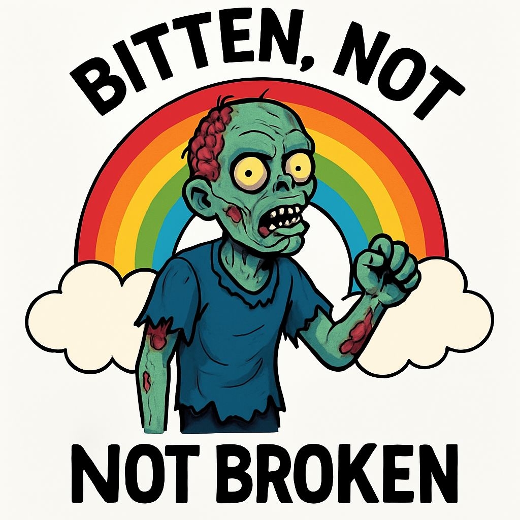 Humorous Cartoon Zombie with Rainbow and Text Sticker