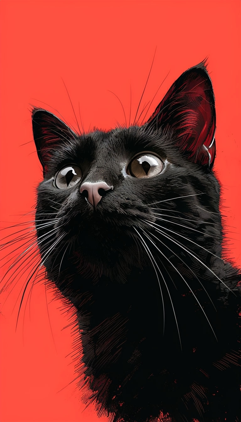 Curious Black Cat Face Illustration on Coral Red Background Mobile Wallpaper