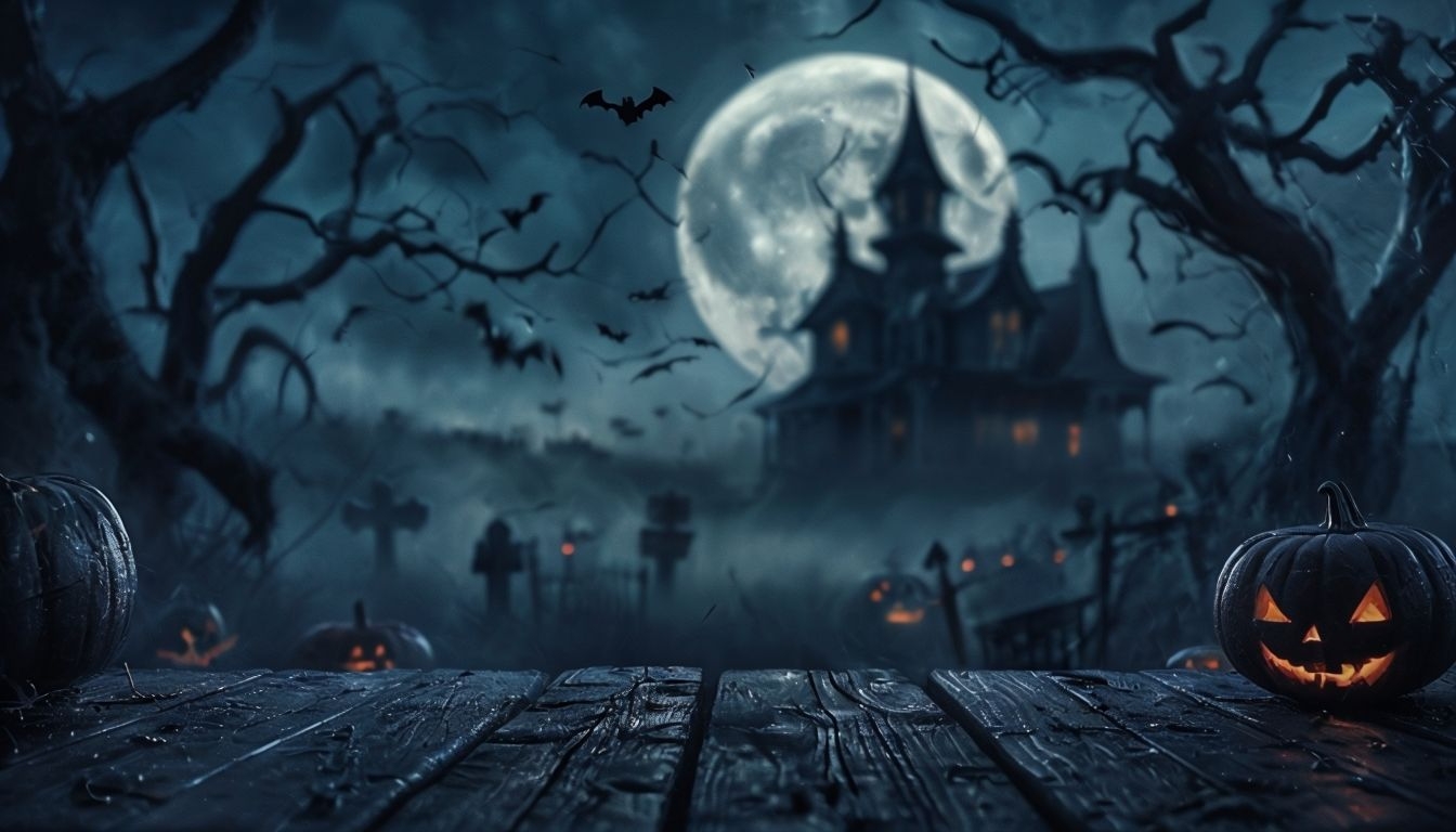 Haunting Halloween Night Scene with Full Moon and Gothic House Virtual Background