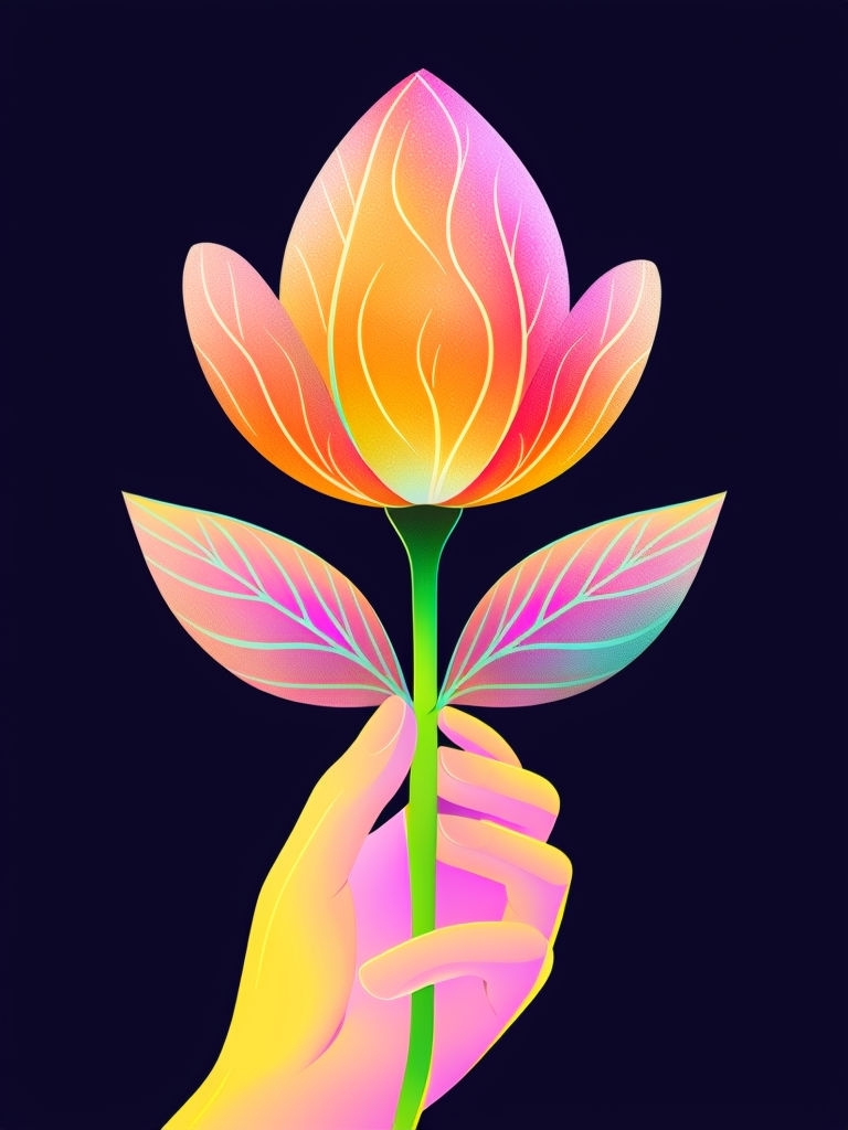 Stylized Hand Holding Vibrant Flower Against Dark Background Art