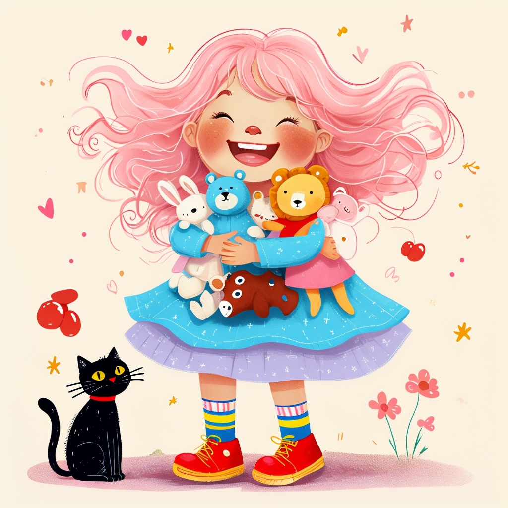 Whimsical Cartoon Girl with Plush Toys and Black Cat