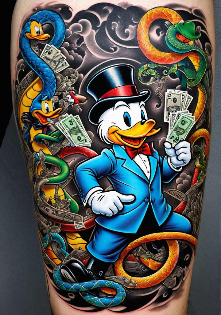 Full arm tattoo featuring Monopoly Guy and Scrooge McDuck hu... by No ...