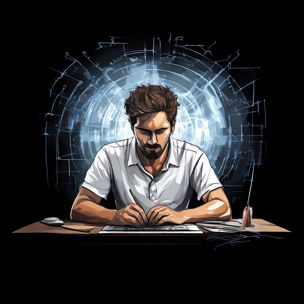 Drawing with man in front of a computer typing showing diffe... by ...