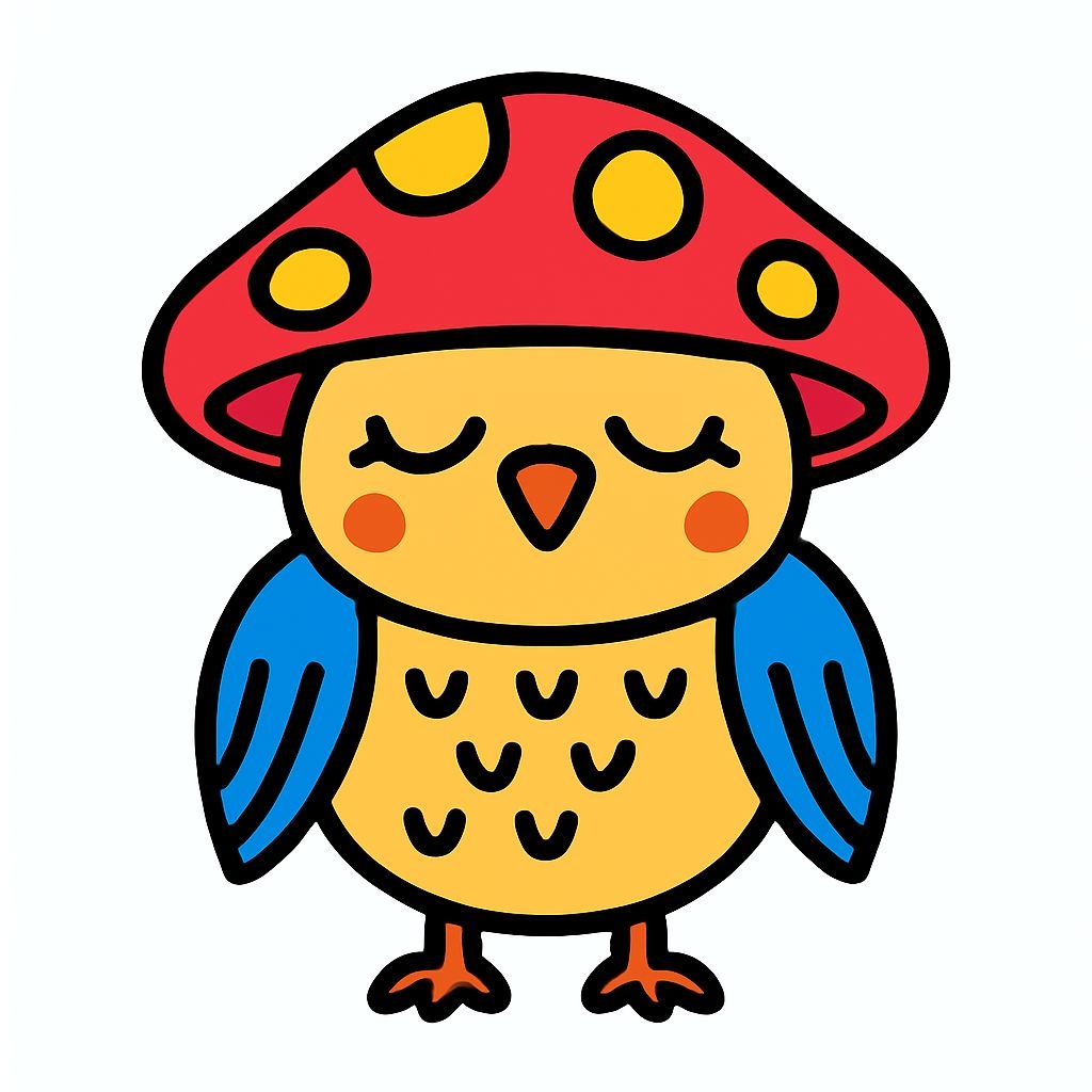 Cheerful Cartoon Owl with Red Mushroom Cap Sticker