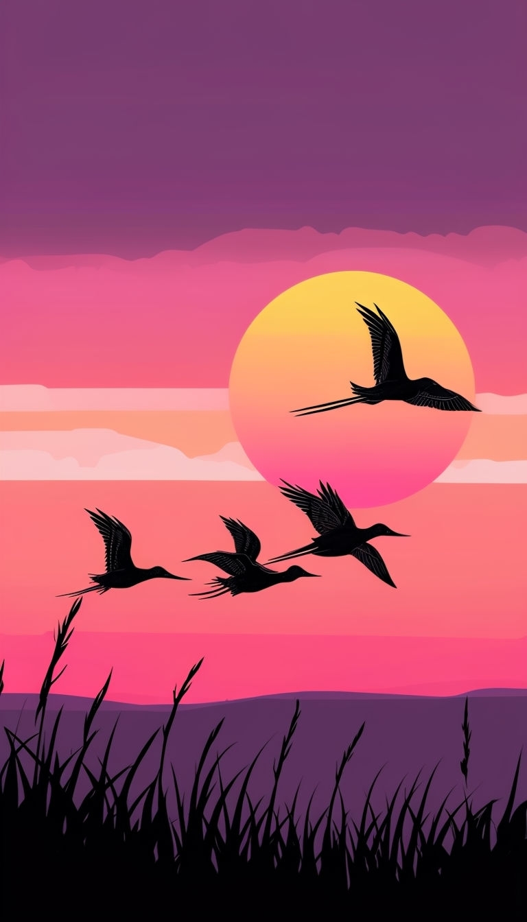 Serene Sunset Scene with Birds and Silhouetted Grasses Mobile Wallpaper