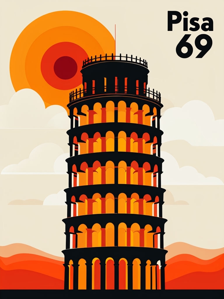 Minimalist Leaning Tower of Pisa Illustration with Sun Poster