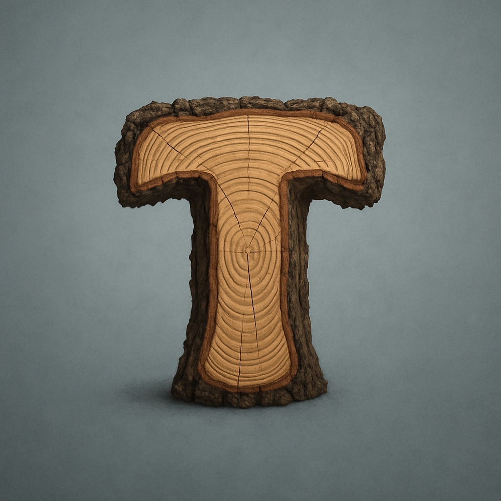 Realistic 3D Wooden Letter T with Natural Bark Texture Monogram