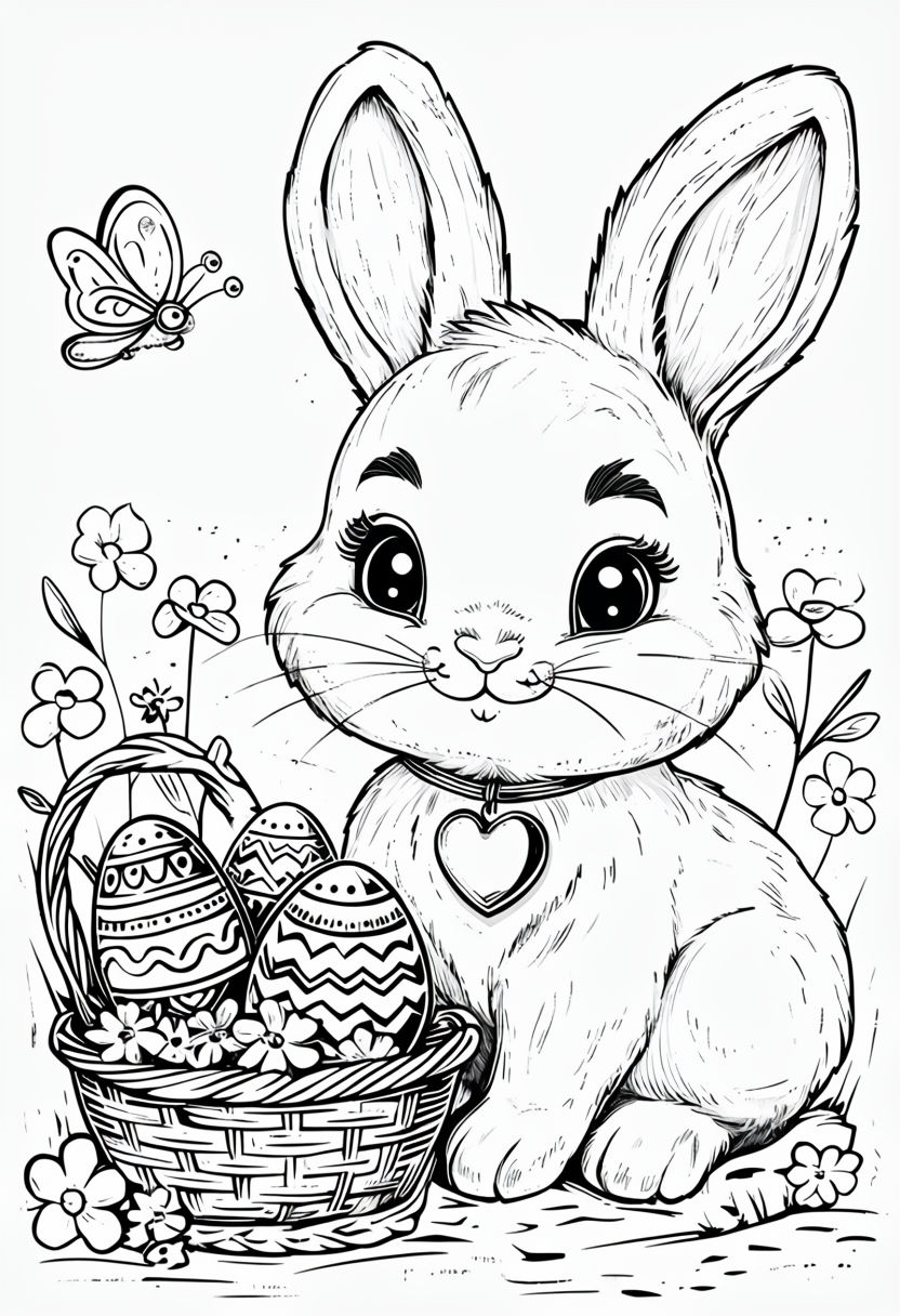 Cute Cartoon Bunny with Easter Basket Coloring Page