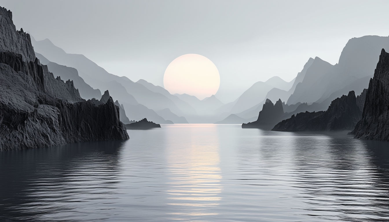 Serene Surreal Landscape with Calm Water and Rising Sun Virtual Backgrounds