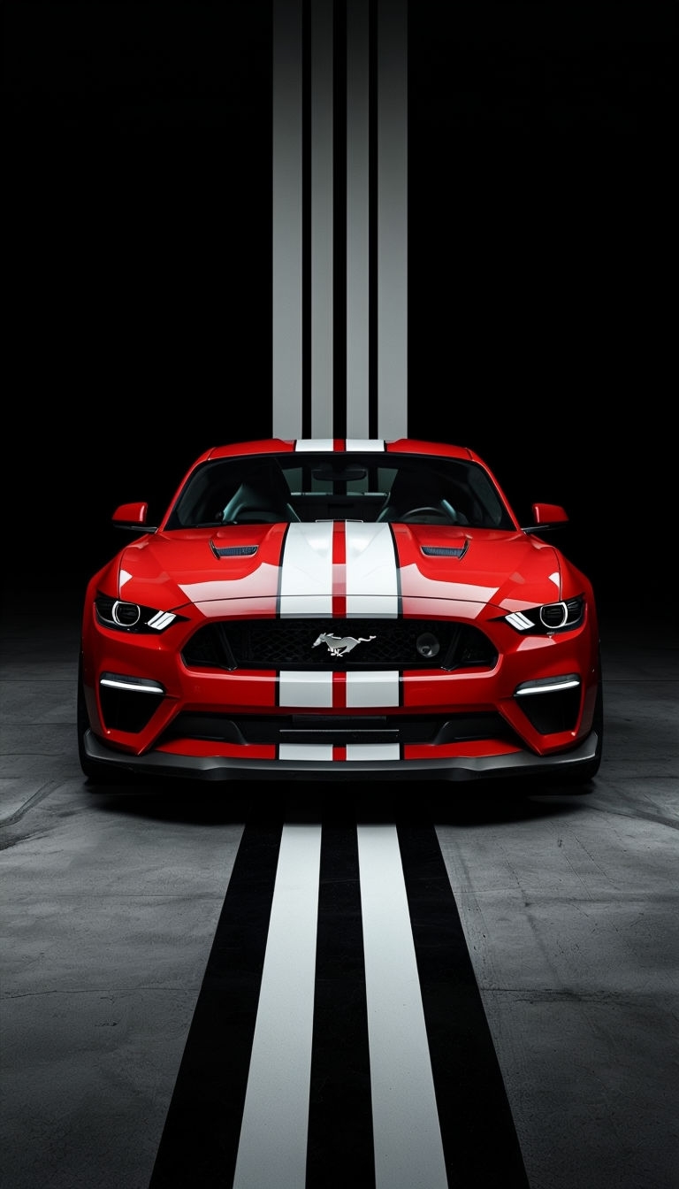 Sleek Red Sports Car with Racing Stripes Dynamic Photography Mobile Wallpaper