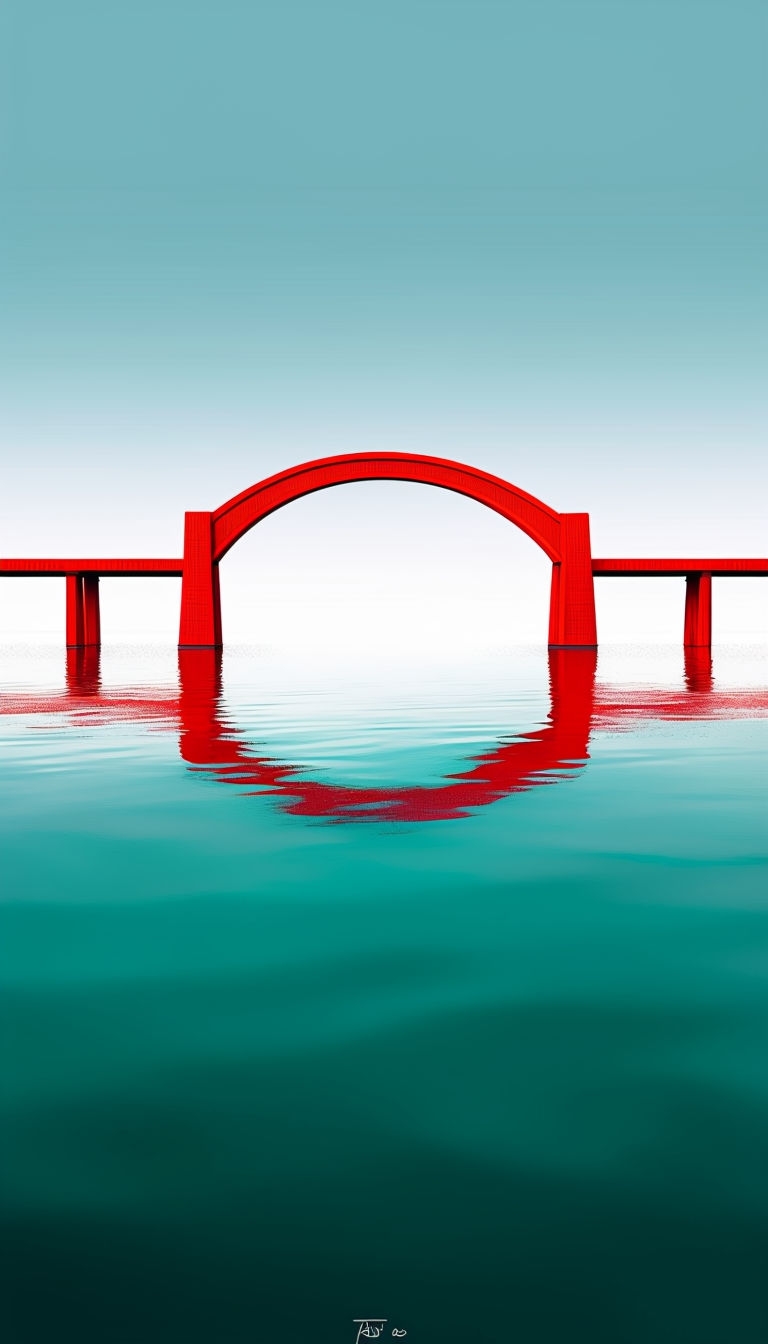 Vibrant Vermilion Minimalist Bridge Reflection Illustration Mobile Wallpaper