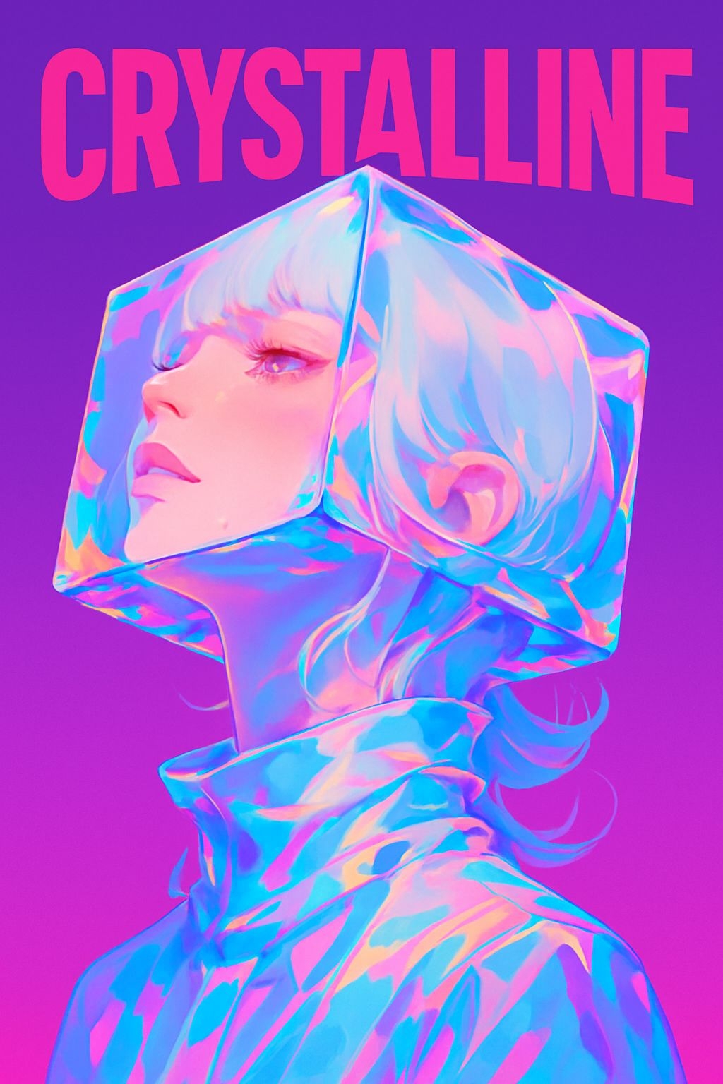 Futuristic Anime Character in Iridescent Cube Poster