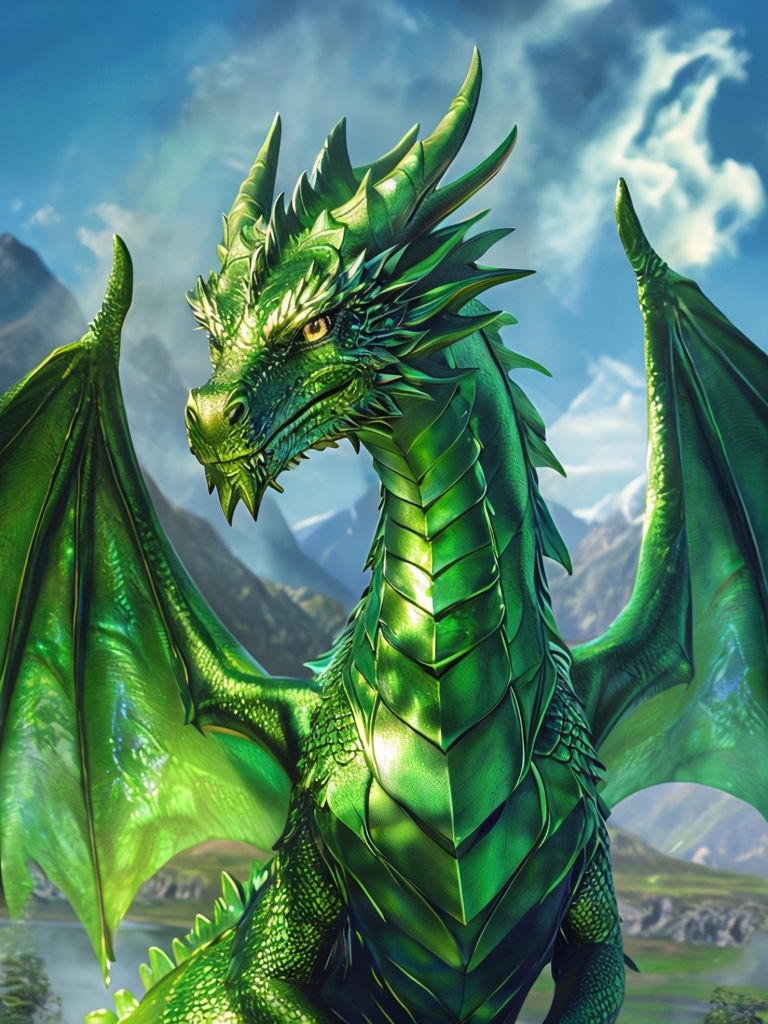 Majestic Emerald Dragon Portrait in a Dramatic Landscape Art