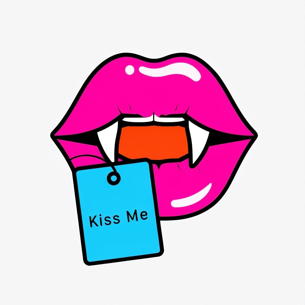 Vibrant Pink Glossy Lips with 'Kiss Me' Tag Sticker
