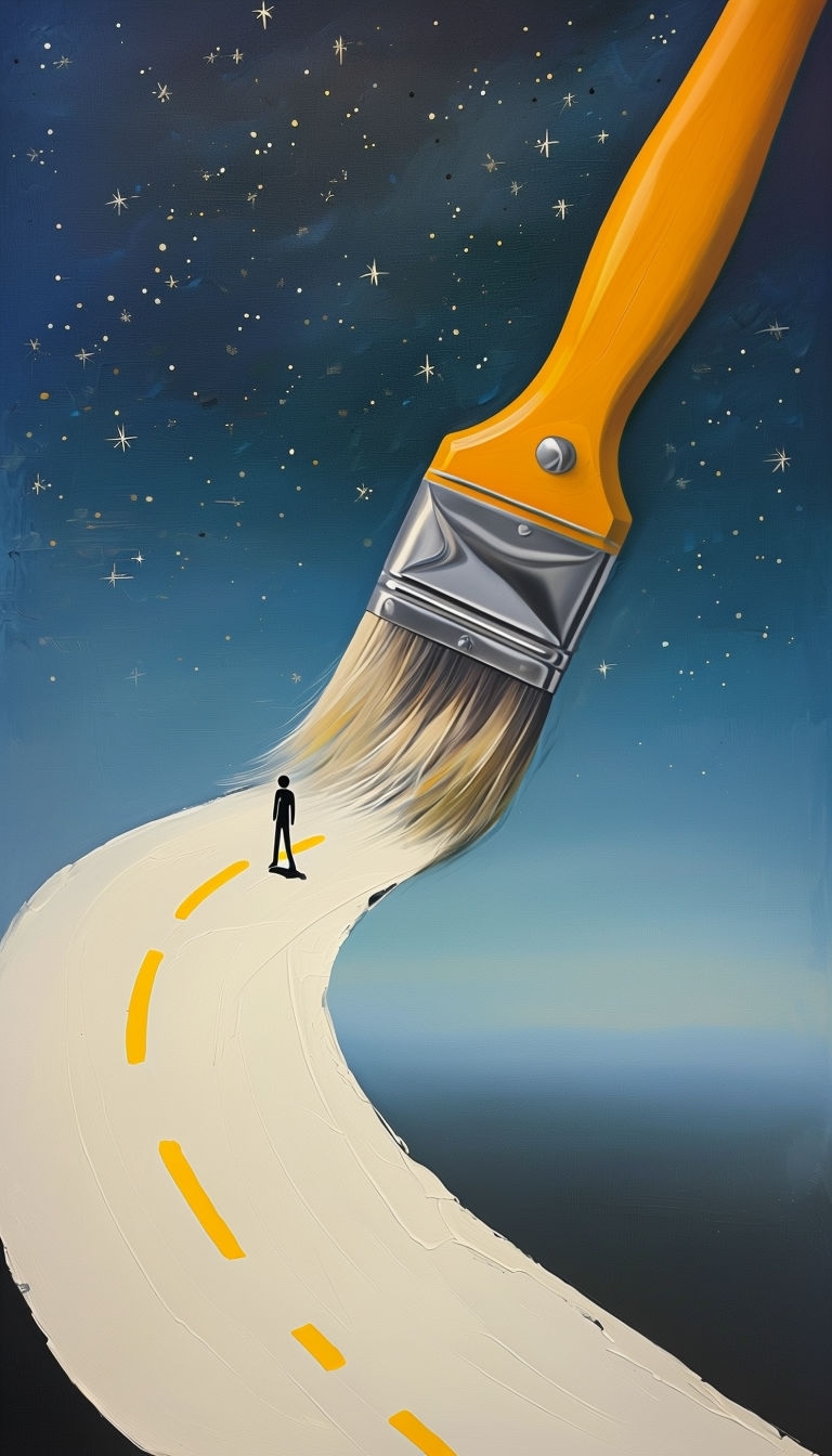 Surreal Journey on Curved Road with Giant Paintbrush Mobile Wallpaper