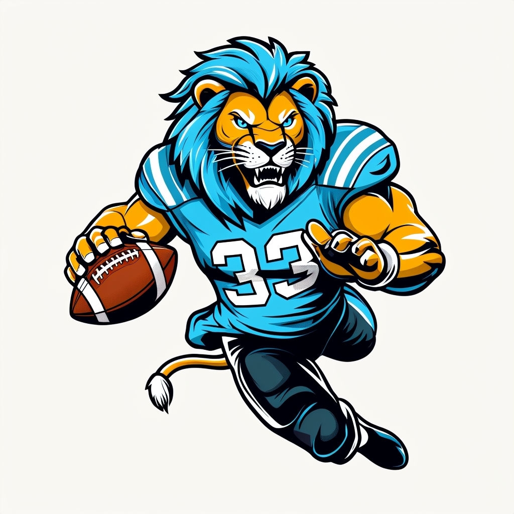 Energetic Cartoon Lion Mascot in Action Football Mug