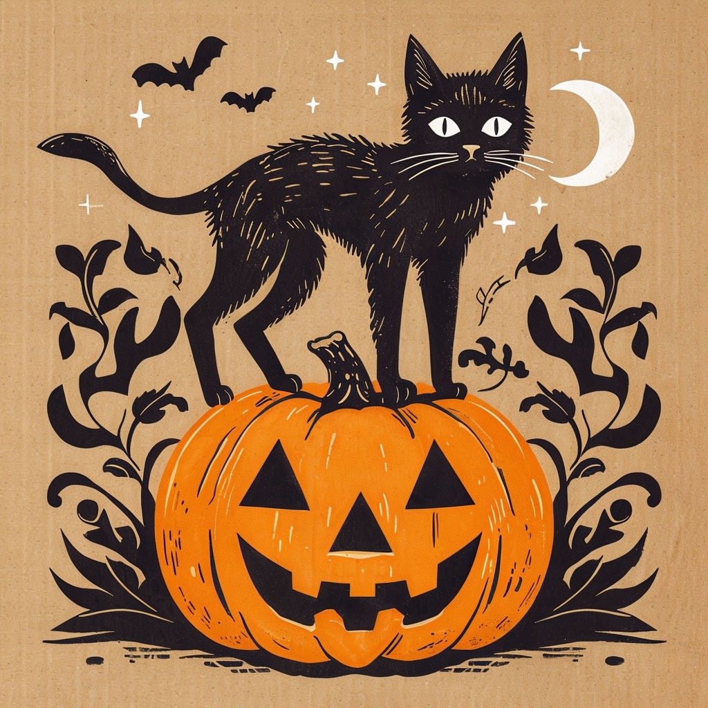 Vintage Black Cat on Pumpkin Halloween Illustration Art