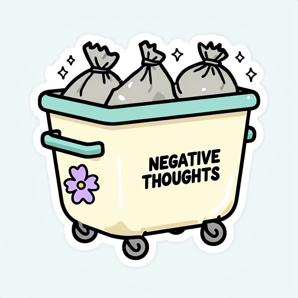 Motivational Cartoon Negative Thoughts Trash Bin Sticker