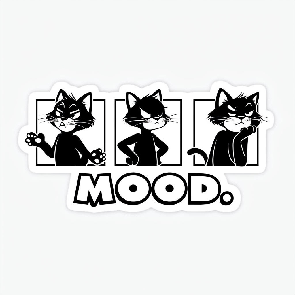 Expressive Black Cat Character Mood Sticker with Cartoon Panels