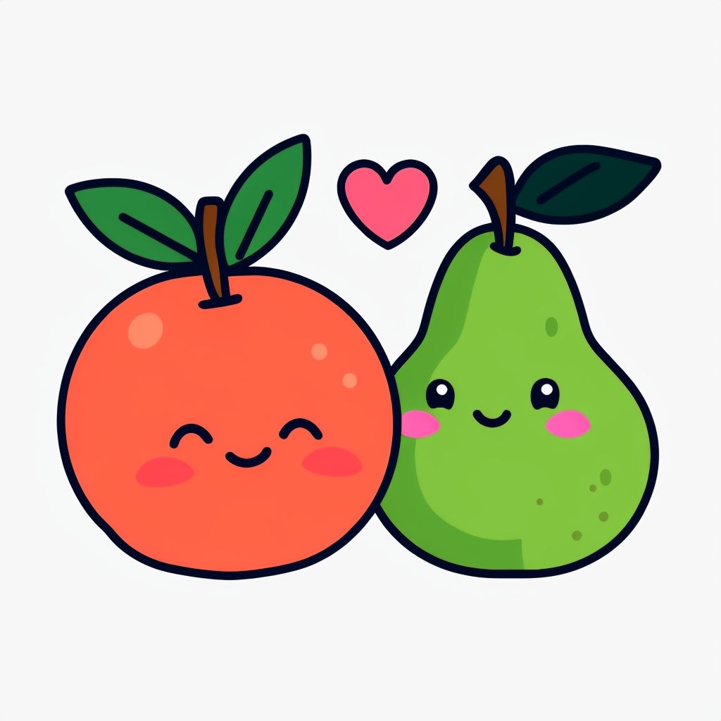 Cute Cartoon Orange and Pear Fruits with Heart Sticker