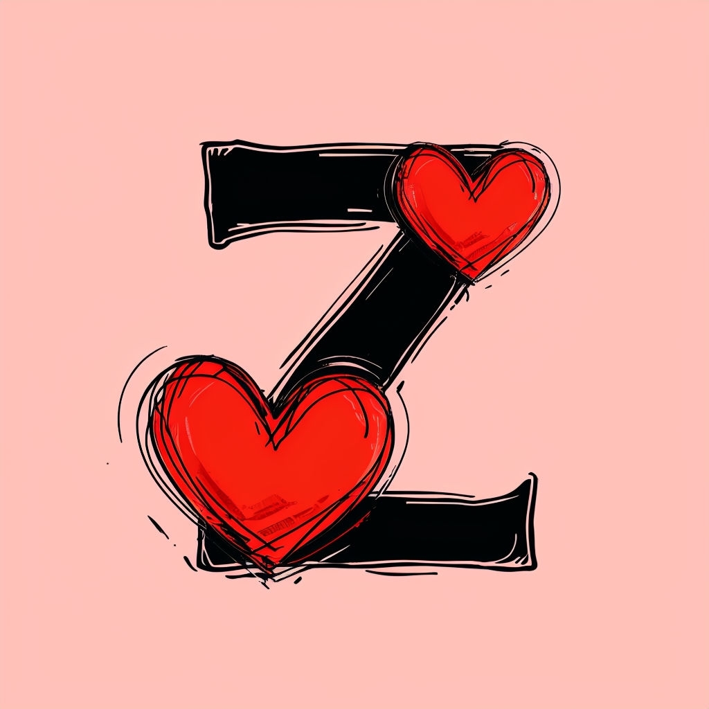 Bold Hand-Drawn Z Illustration with Hearts on Pink Background Monogram