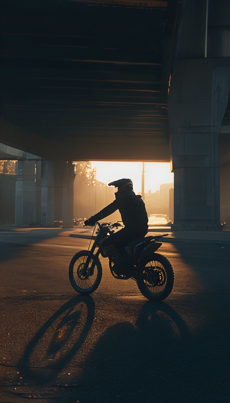 Lone Biker Under Overpass at Golden Hour Mobile Wallpaper