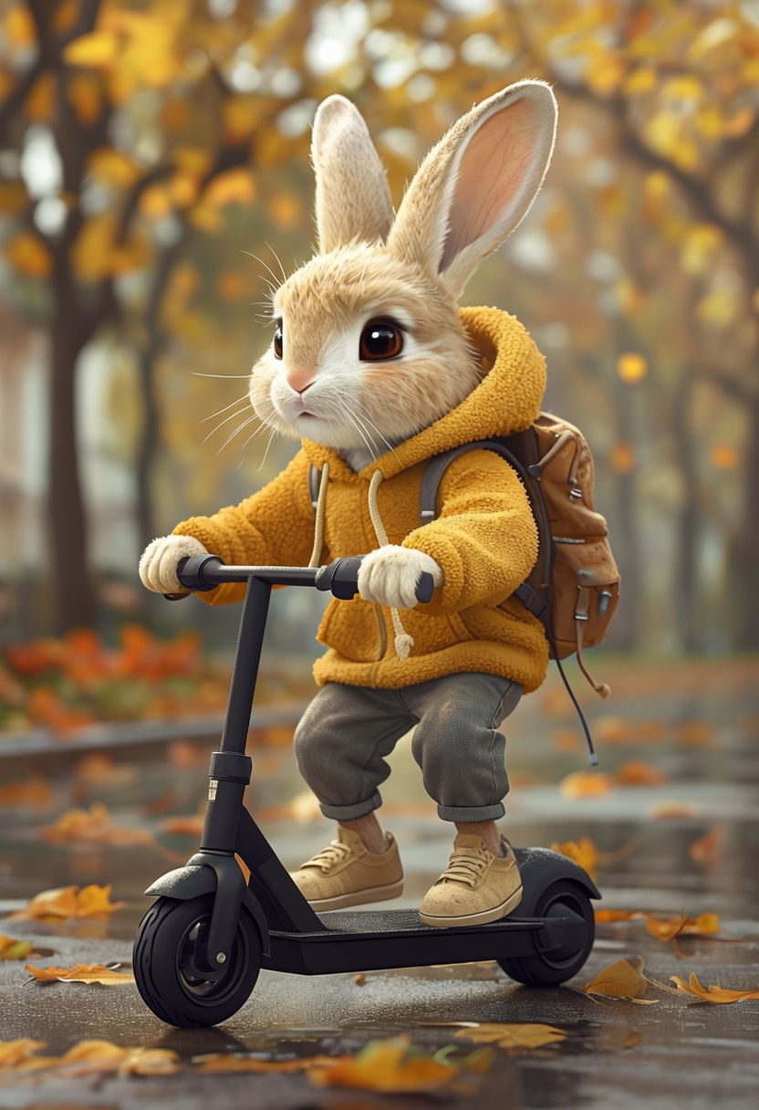 Whimsical Rabbit on Scooter Autumn Adventure Art