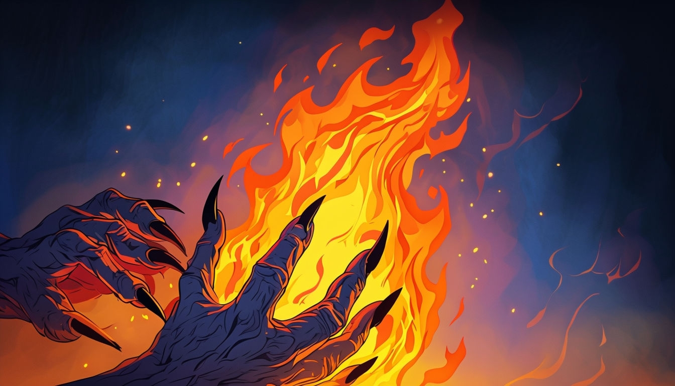 Dramatic Dark Hands Grasping Fiery Flames Digital Background Virtual Backgrounds