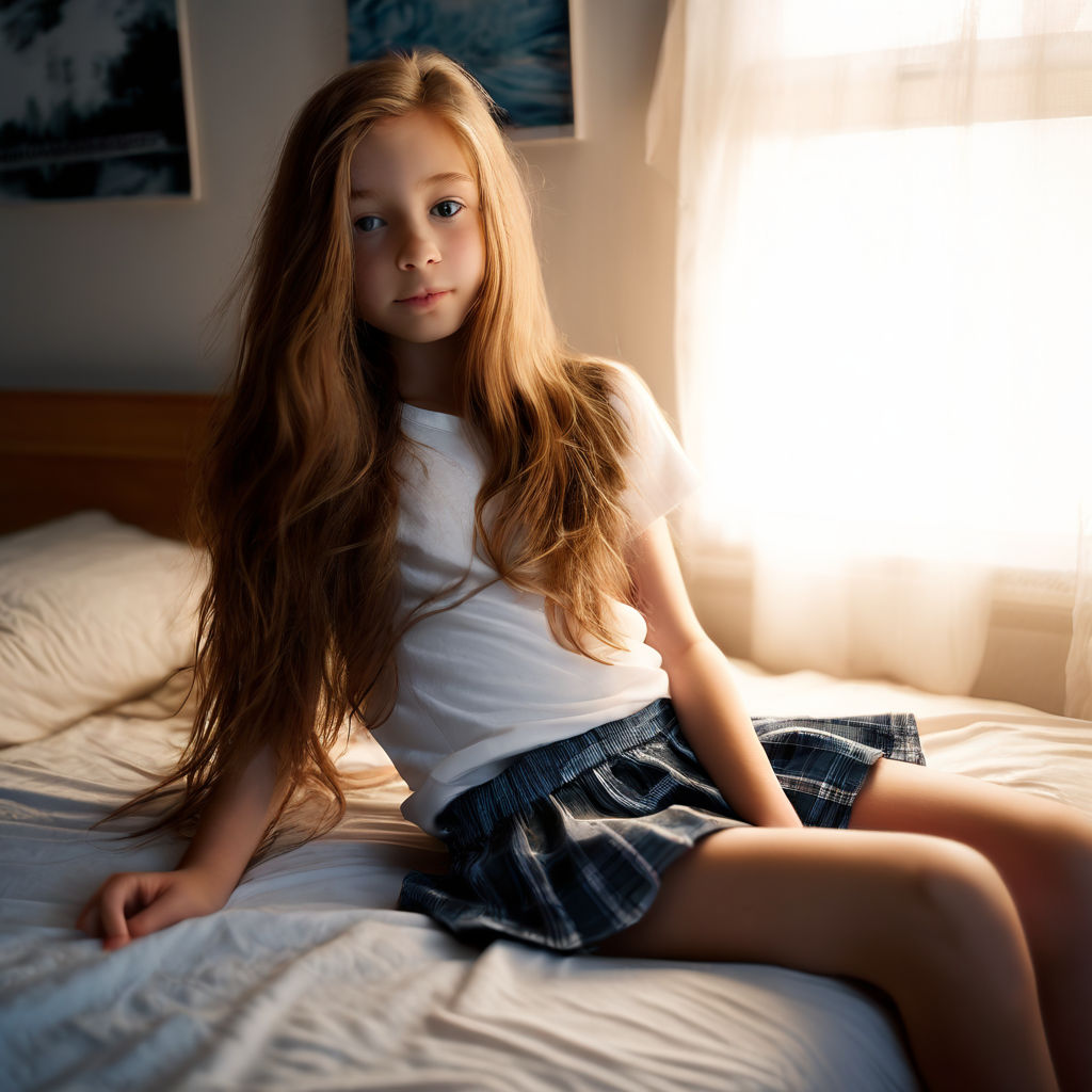 Tween girl long straight hair laying on bed in miniskirt leg... by ...